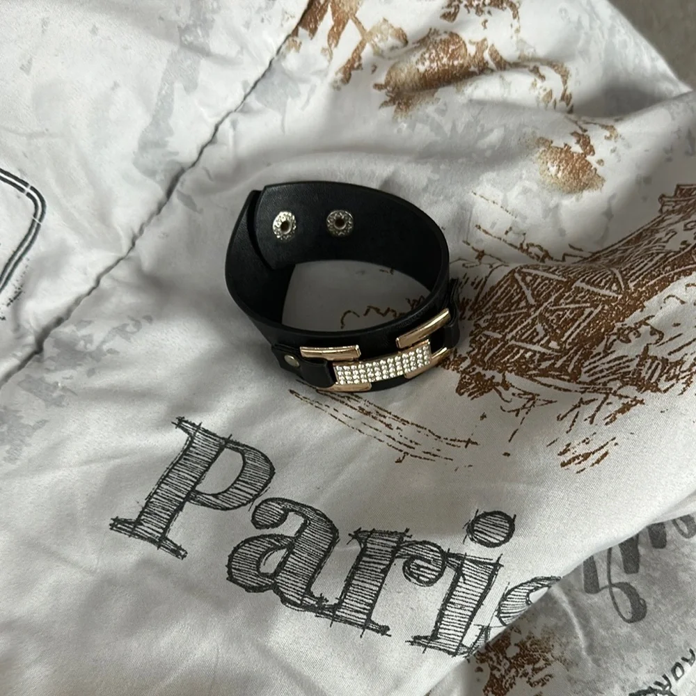 Black Leather Bracelet with Gold Accents
